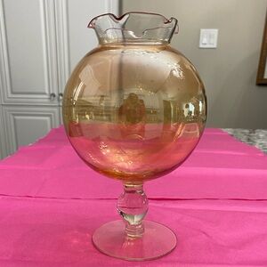 EUC LIBBEY GLOBE IRIDESCENT GOLD CANDLE HOLDER WITH A BUBBLED GLASS PEDESTAL